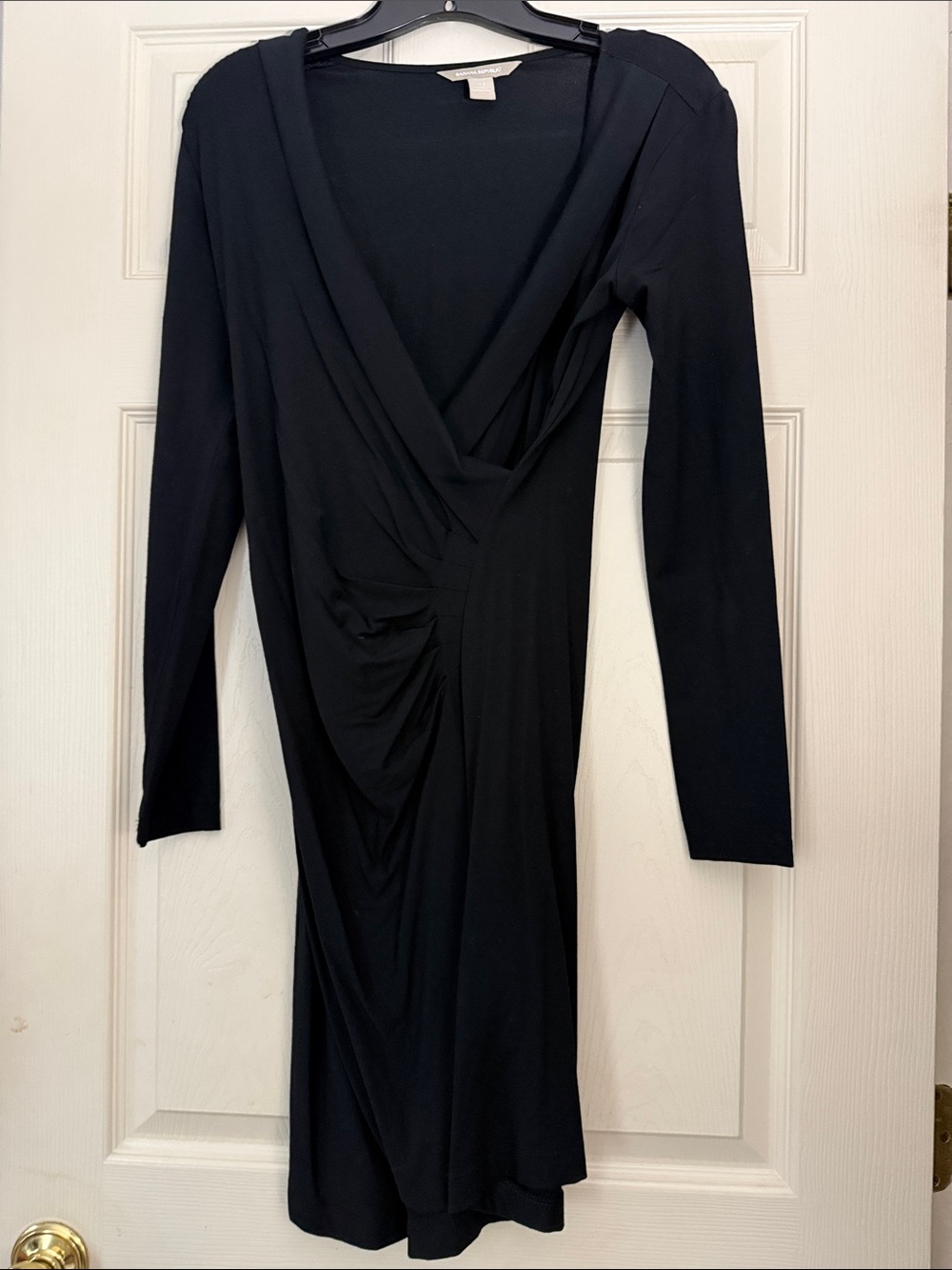 Banana Republic Black Long-Sleeve Draped V-Neck Dress